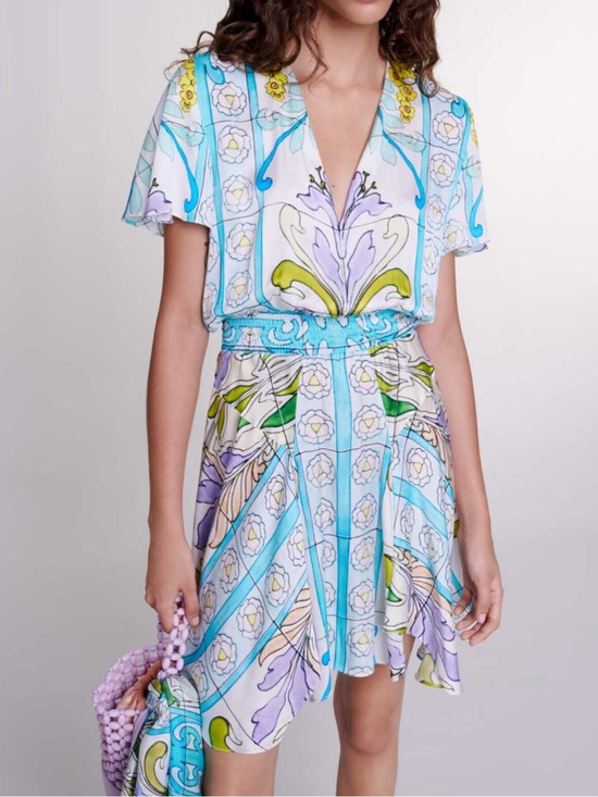 Maje Dresses & Skirts - MAJE Floral Print V-Neck Short Sleeve Dress in White and Pastel size  38 /US M